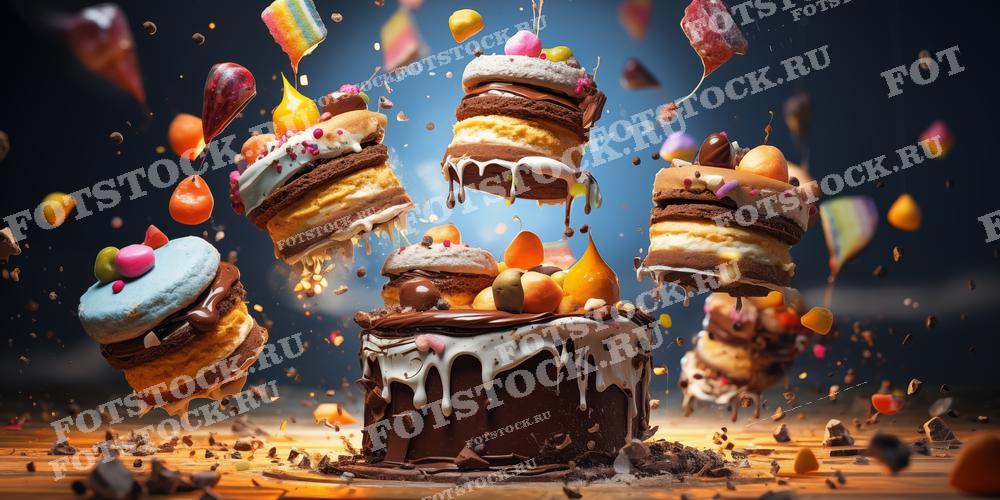 Фотография демонстрирует праздничные мини-торты, украшенные разноцветными кремами и конфетами, словно парящие в воздухе. Сладости, шоколад и яркие украшения создают атмосферу радости и праздника. Это изображение символизирует веселье и сладкое наслаждение.